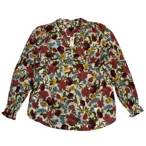 Talbots Floral Cottagecore Feminine 100% Cotton Ruffle Neck Blouse NWT Size M